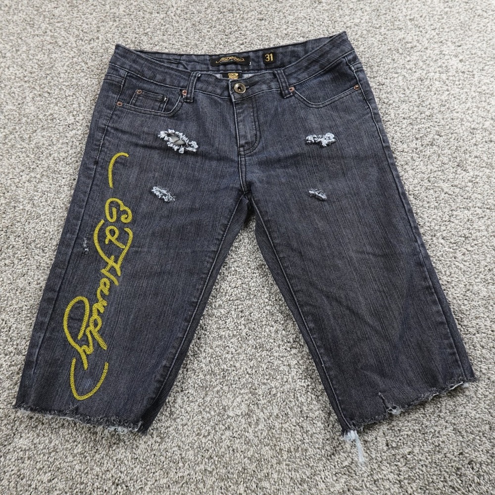 VTG Ed Hardy Shorts Mens 31 Blue Denim Jean Jorts Tattoo Tiger Embroidered Y2K